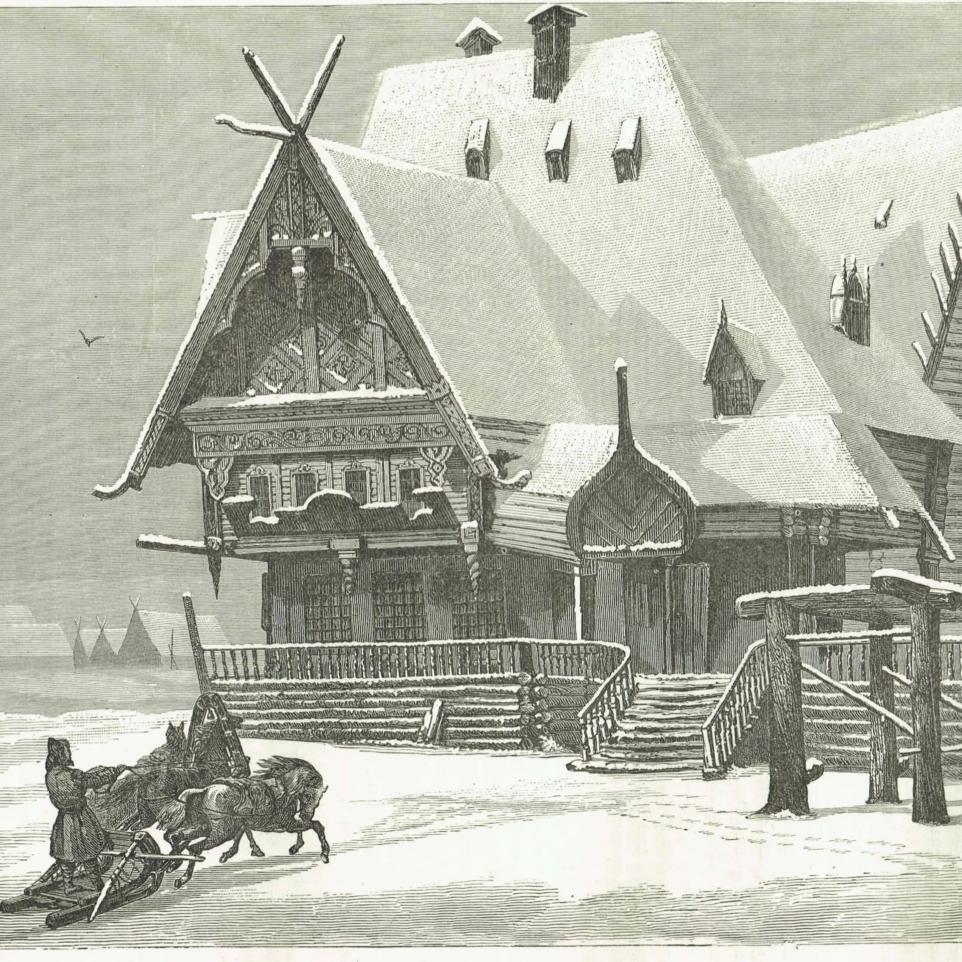 1870s Wayside Inn in Russia - Antique Woodblock Print - Victorian Travel Illustration Winter Sleigh Scene - 11.5 x 8 in