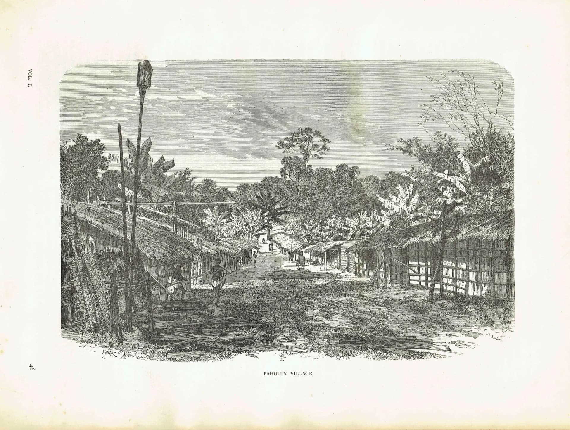 1869 Pahouin Village Africa - Original Antique Engraving - Illustrated Travels Bates Exploration Geography Adventure - 11 x 8.25 in