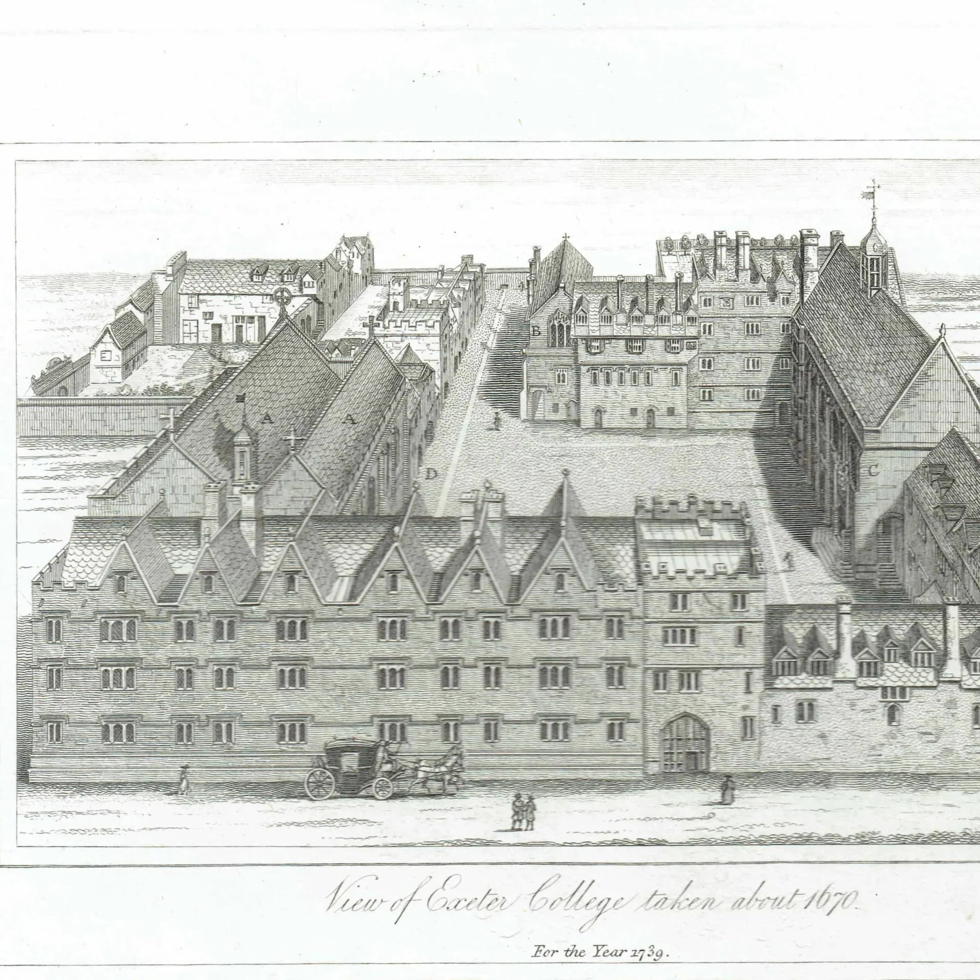 1820 Exeter College Oxford - Original Antique Engraving By Skelton - University Architecture Historical Founders Plate 42 - 8.25 x 11 in
