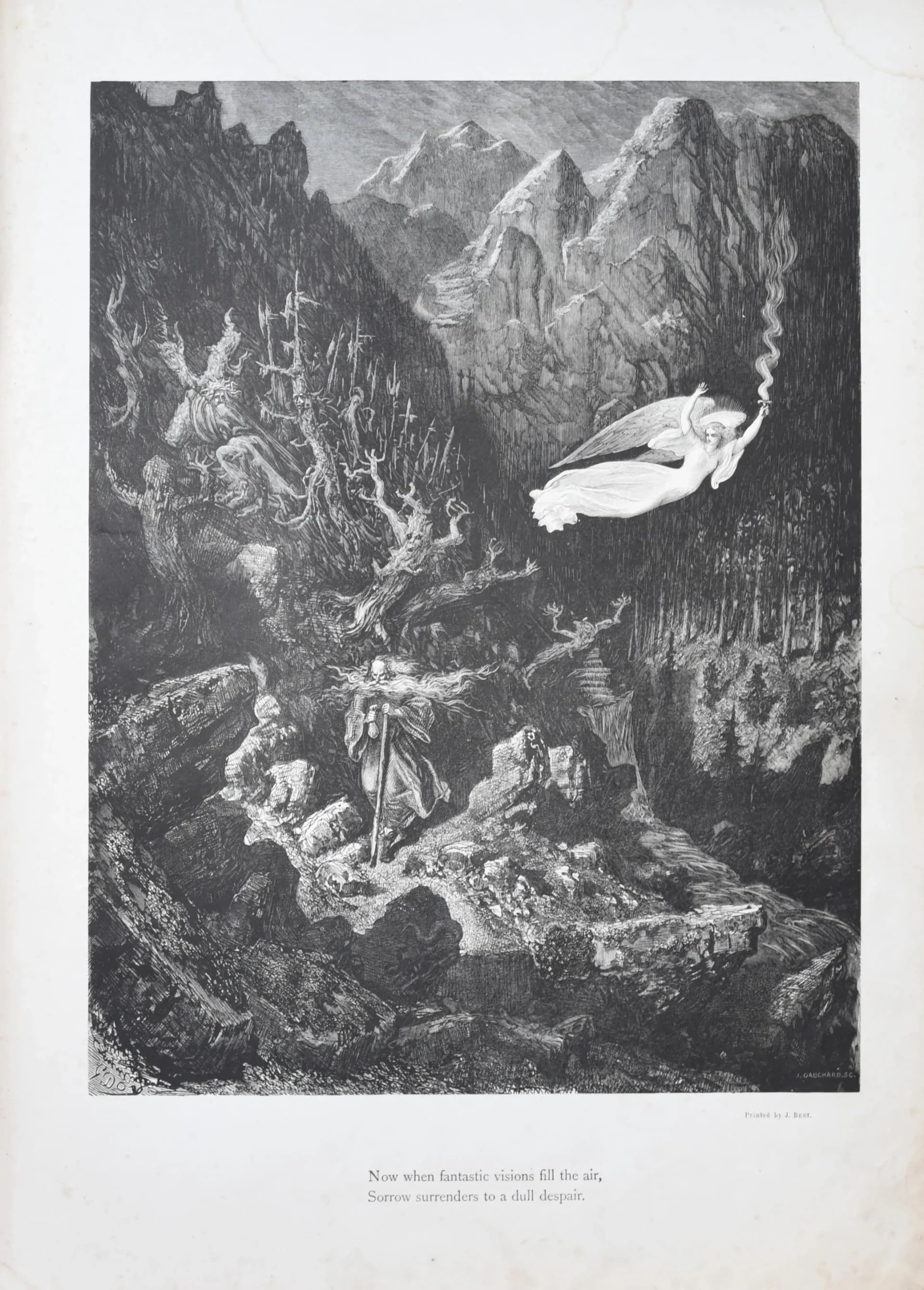 1866 Gustave Doré Legend Of The Wandering Jew Angel Vision Plate 7 - Original Antique Engraving - Gothic Religious Medieval - 14 x 20 in