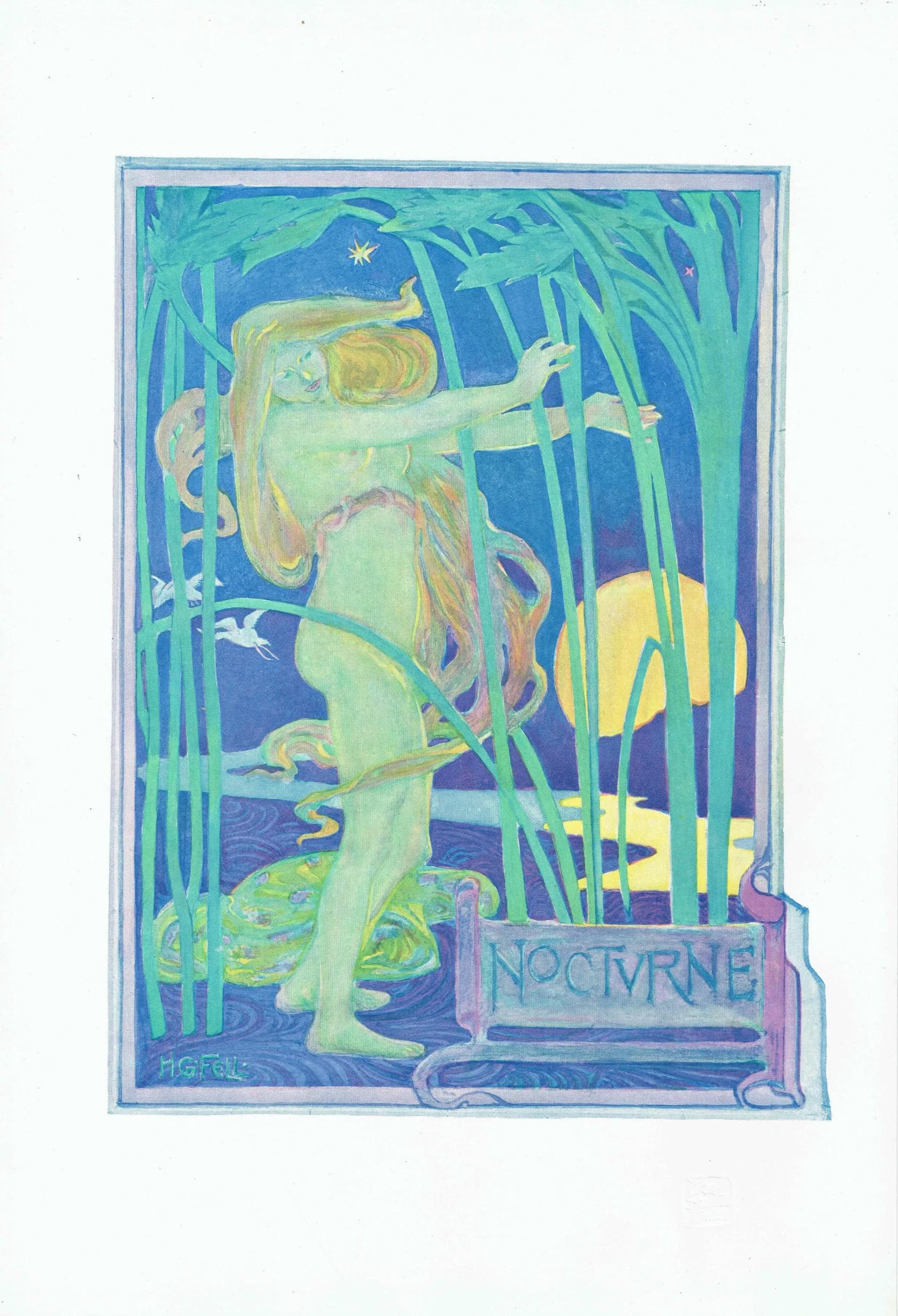 1898 Nocturne Figure - Original Antique Lithograph By Fell - Art Nouveau Portrait The Studio Magazine Colour Print - 7.5 x 11 in