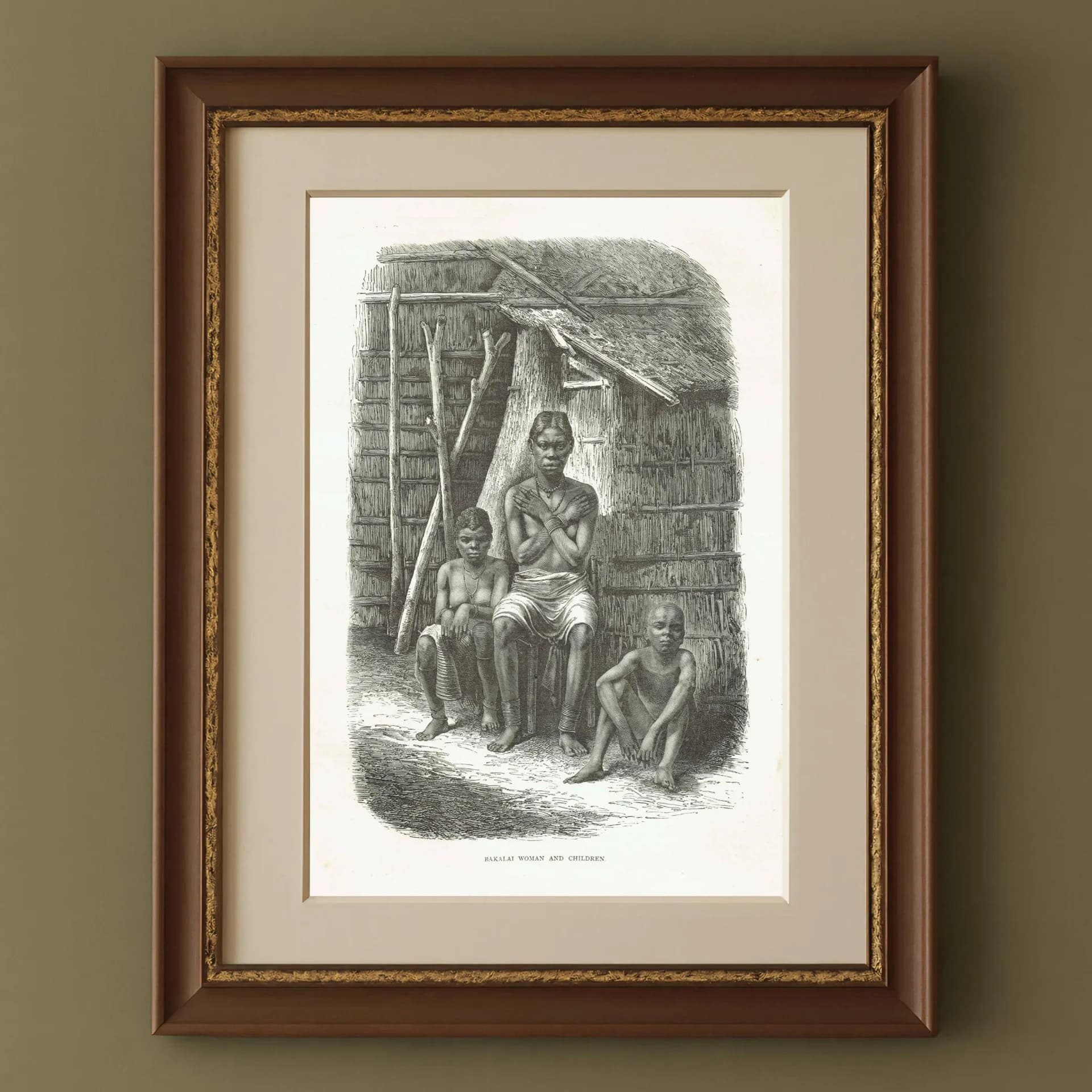 1870s Original Bakalai Woman Children African Portrait Woodblock Print - Victorian Travel Book Illustration - 8.5 x 12 in