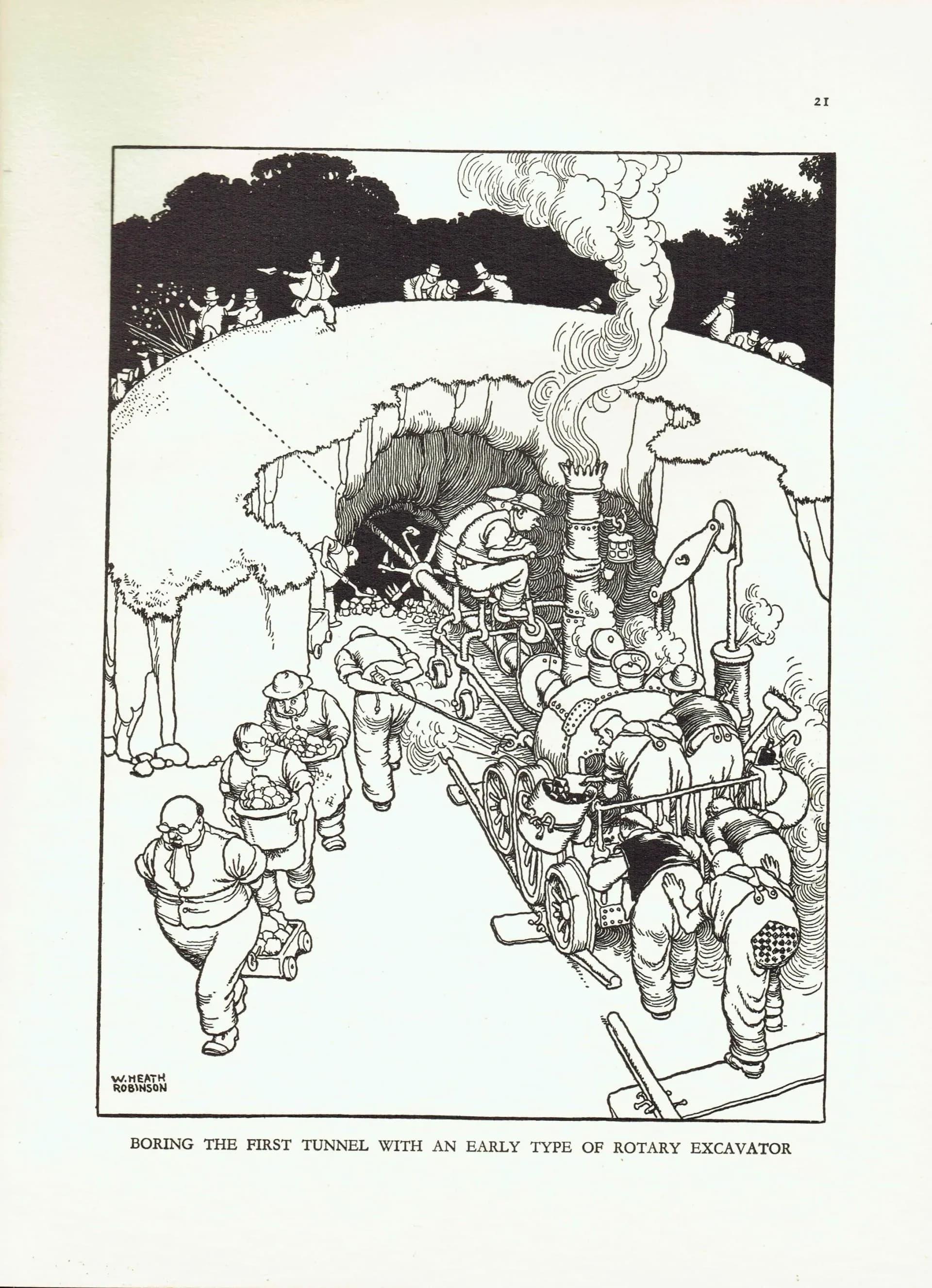 1935 Railway Tunnel Excavator - Original Vintage Print By Heath Robinson - Great Western Railway Centenary Humorous Cartoon - 7 x 9.5 in