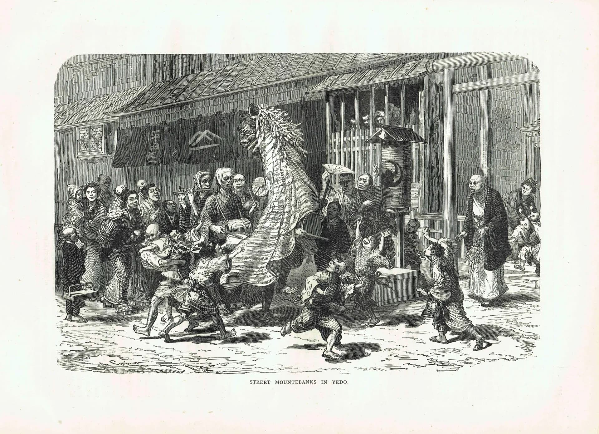 1875 Street Mountebanks in Yedo - Antique Engraving - Japan Tokyo Street Scene Victorian Travel H W Bates - 11.5 x 8 in