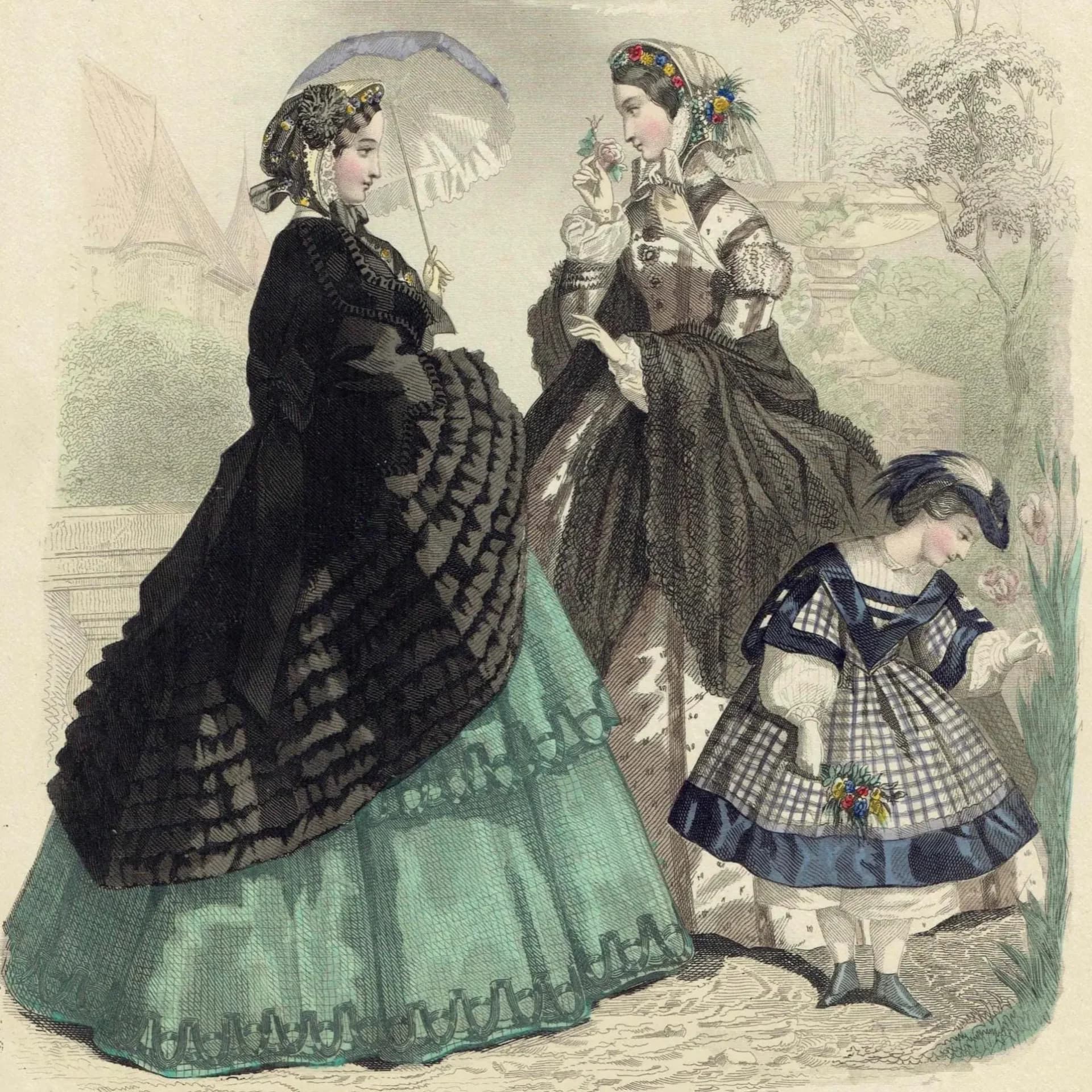 1860 Modes de Paris Fashion No.13 Print - Hand-Coloured Women & Girl’s Costume - Paris Style 1860 - 9.5 x 6.5 in