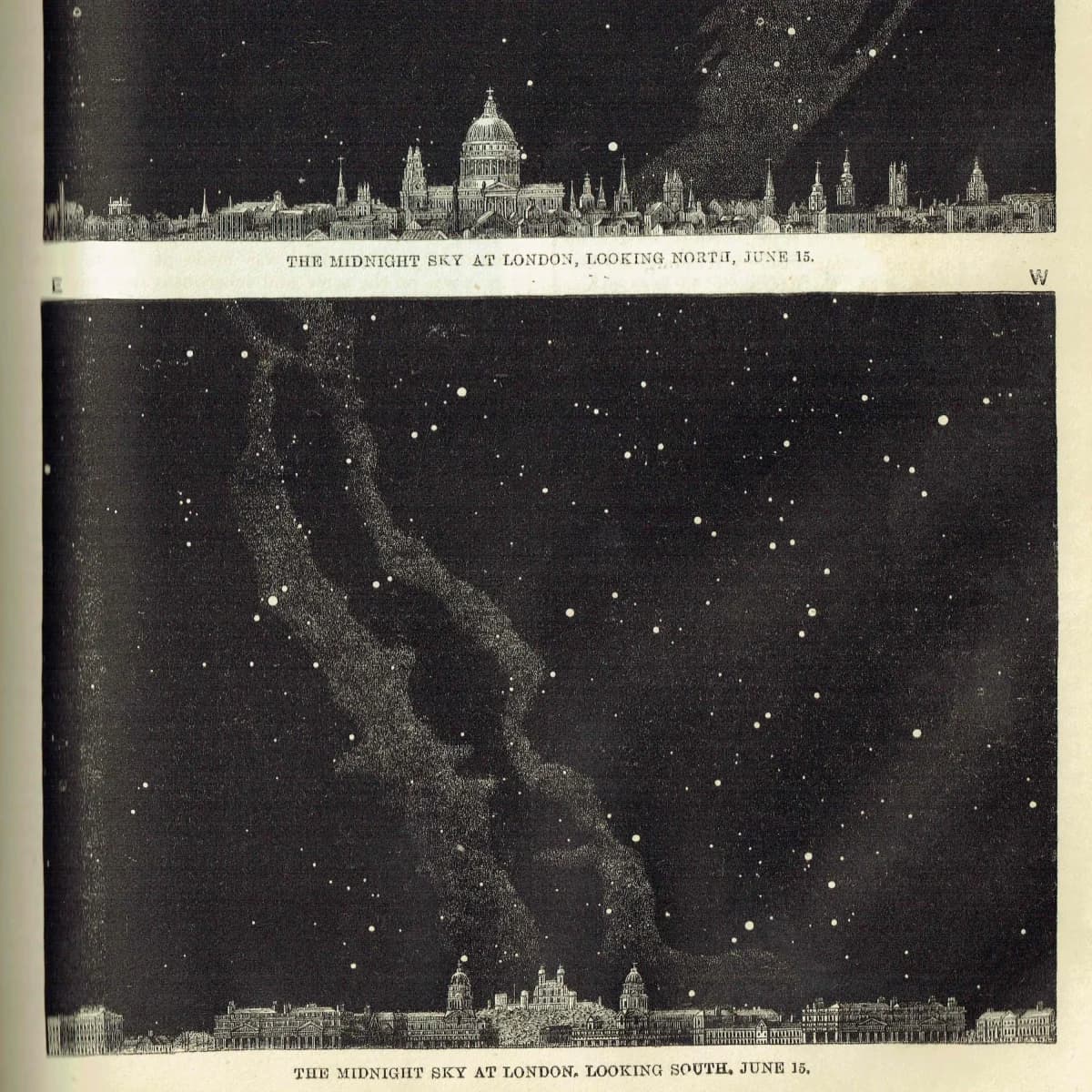 1868 Midnight Sky at London - Original Antique Print - Victorian Astronomy Star Chart North South Night Sky Science - 6.25 x 10 in