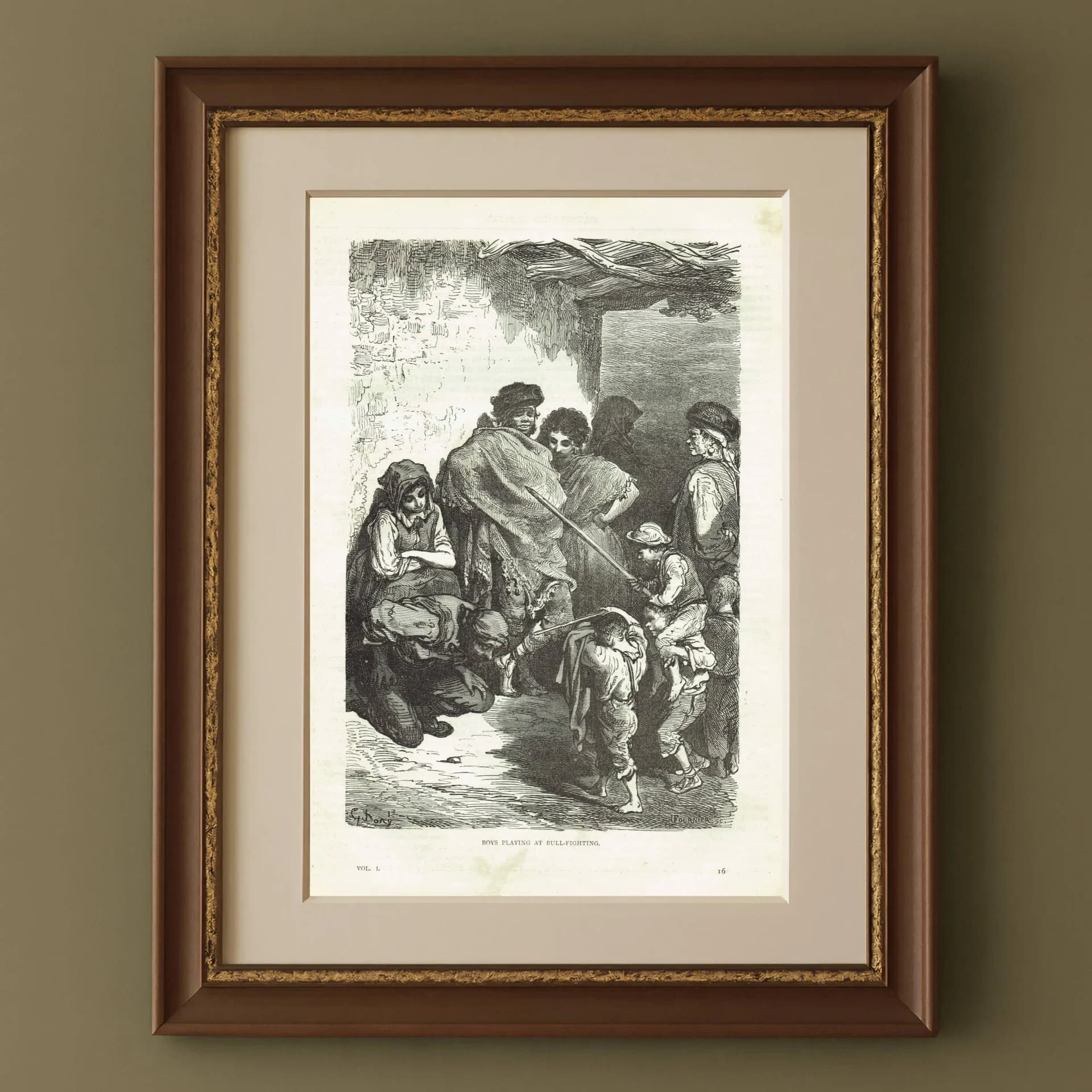 1870s Boys Playing At Bull-Fighting Original Woodblock Print - Children Portrait - Antique Victorian Travel Book Illustration - 8.5 x 12 in